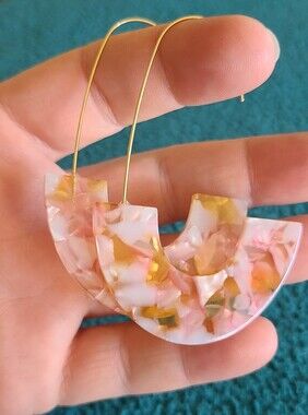 Vintage Pink and Gold Half-Moon Resin Drop Earrings